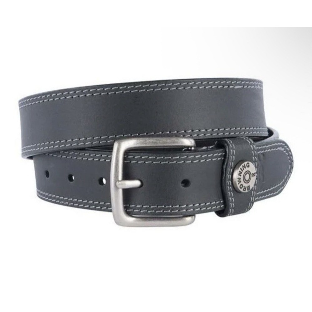 Browning Men Size 44 Leather Slug‎ Belt Black White Contrast Stitching Hunting